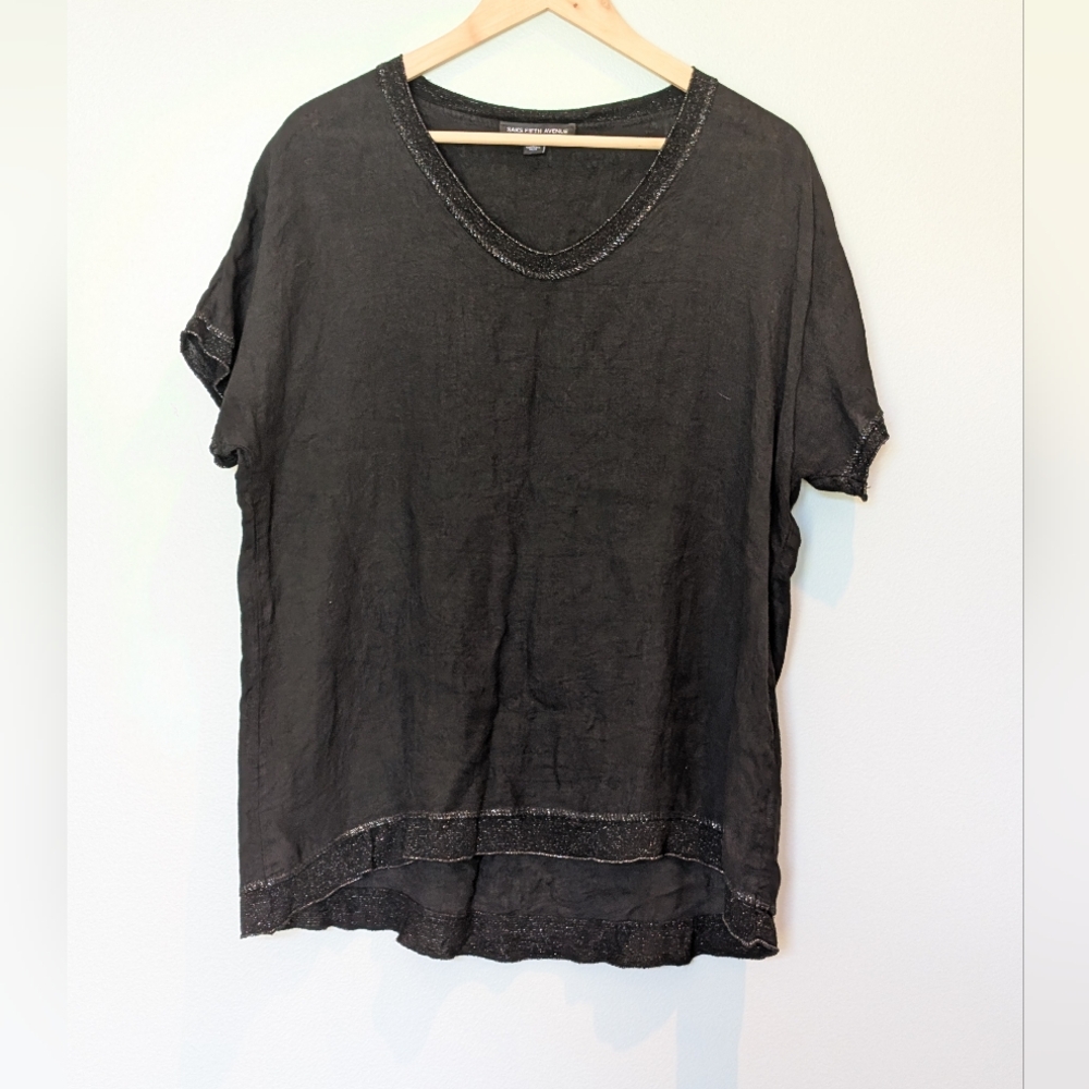 Saks Linen Black Shimmer Hem T Shirt